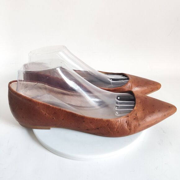 Seychelles Flats Size 10 Leather Pointy Toe Camel Tan Ostrich Embossed Preppy - Picture 2 of 10